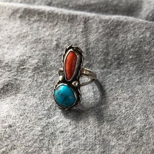 Sterling silver turquoise and coral ring